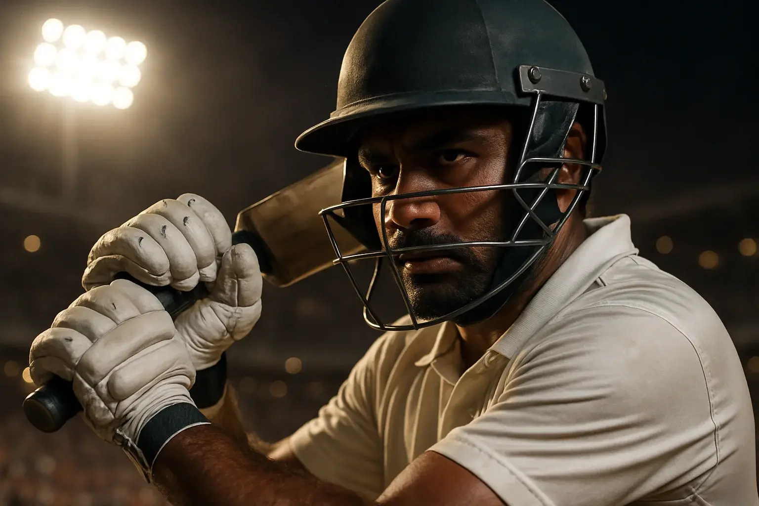 Bangladeshi male cricket batsman in white kit mid-swing under stadium lights