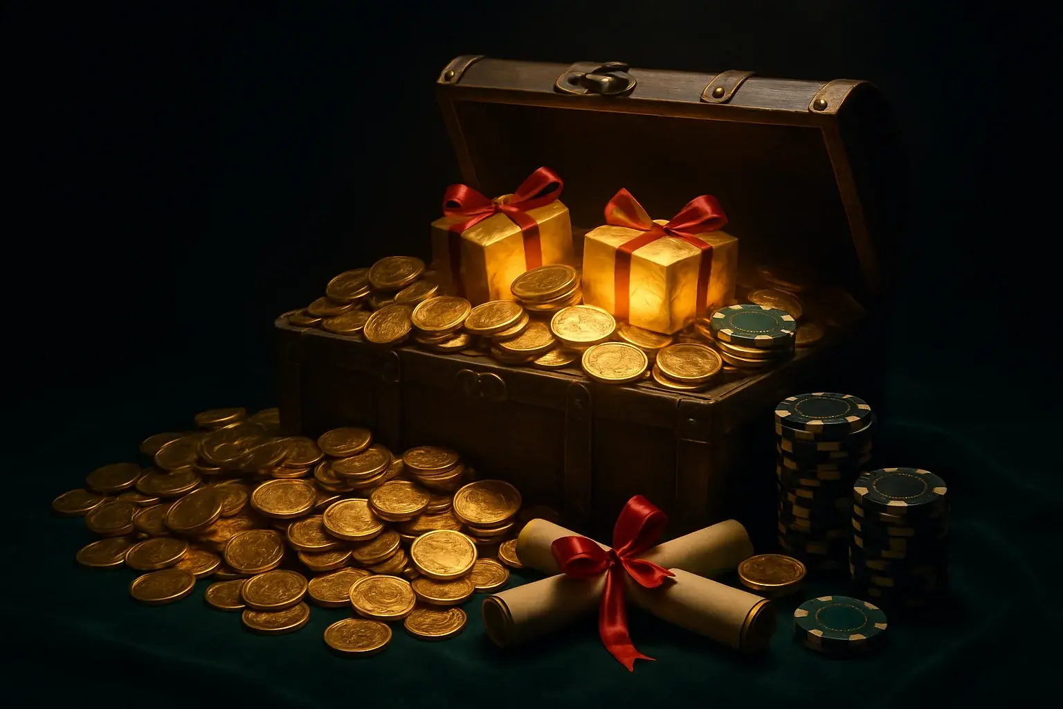 Overflowing treasure chest with gold coins, casino chips, vouchers, and gift boxes
