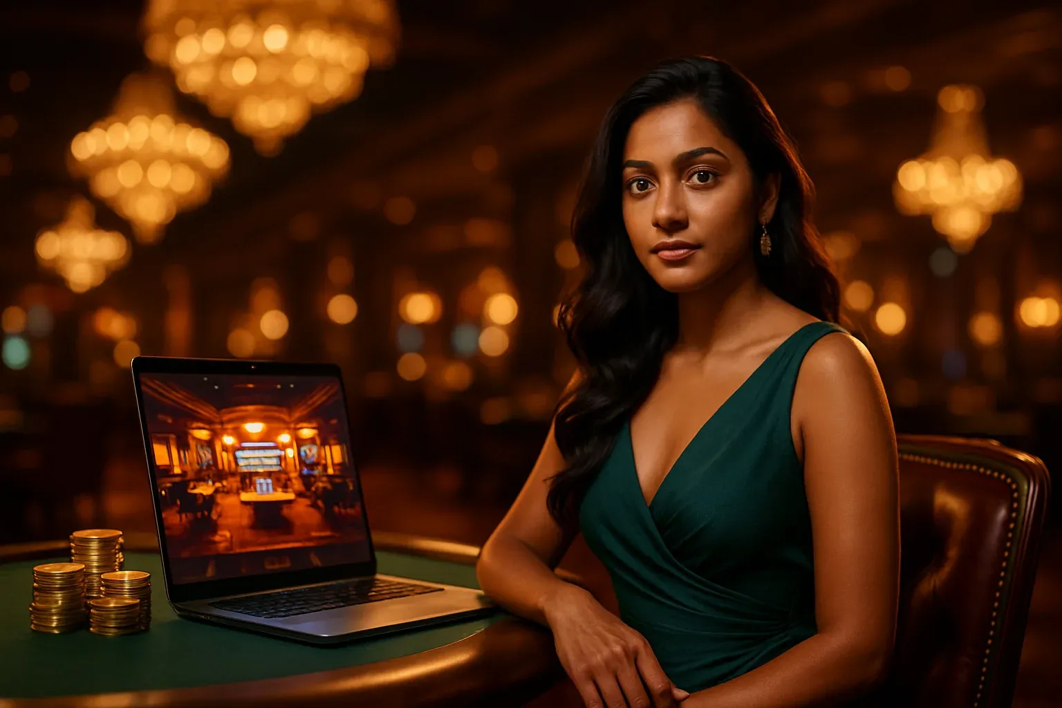 Elegant Bangladeshi woman at luxury online casino lounge with laptop and chips