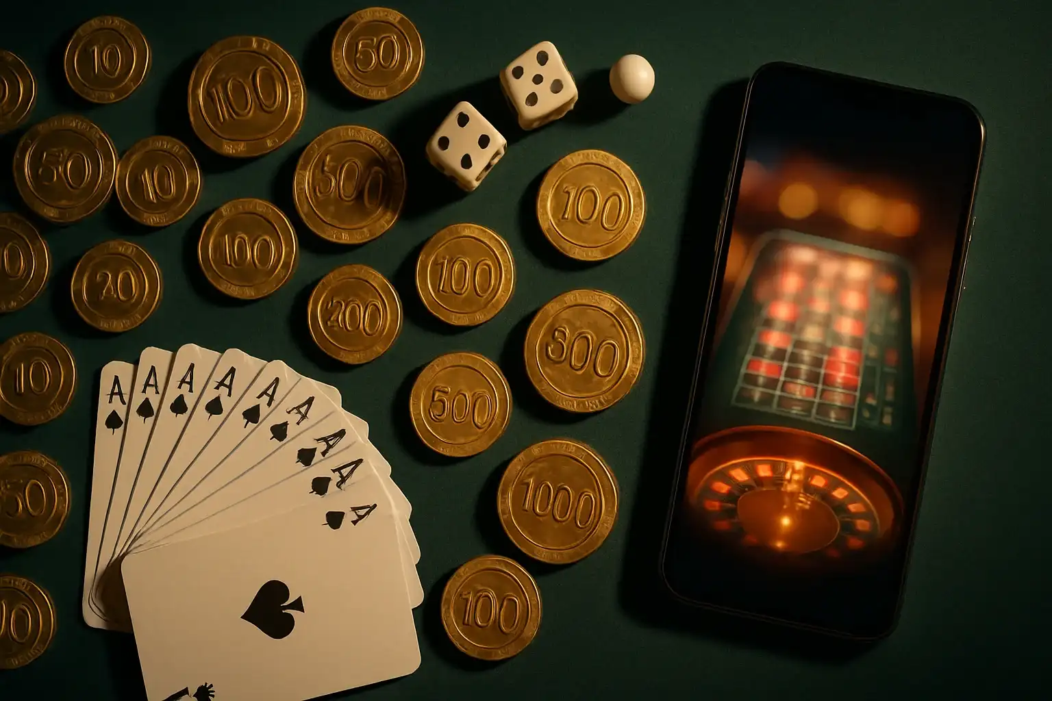 Top-down casino table with gold chips, cards, dice, roulette ball, smartphone