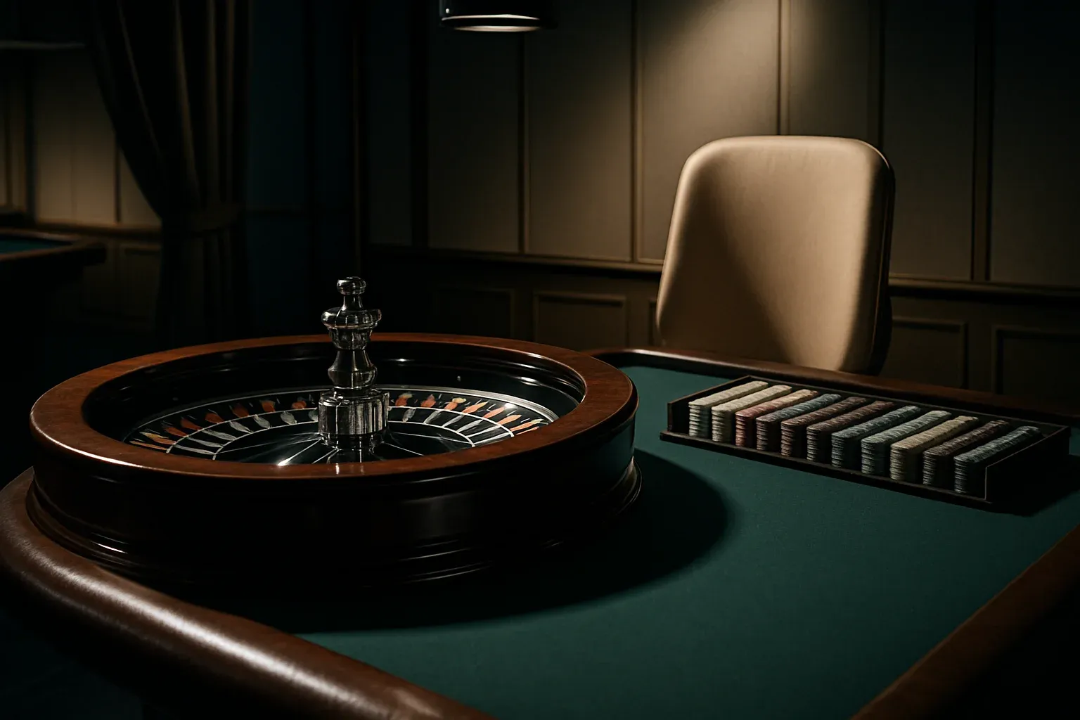 Hyperrealistic live casino studio with empty roulette table and dramatic lighting