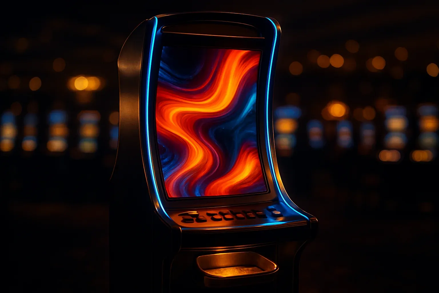Hyperrealistic premium slot machine glowing in dark luxury casino floor